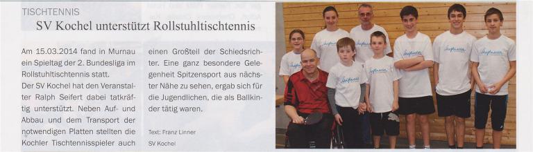 2014 - SV unterstützt Rollstuhl-Tischtennis
